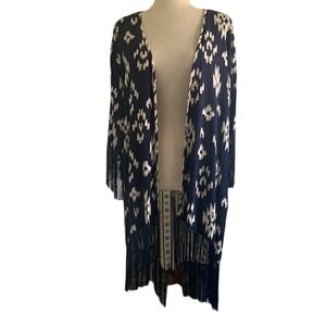 Southwestern Boho Fringe Duster Cardigan XL Navy Beige Aztec Asymmetric Hem